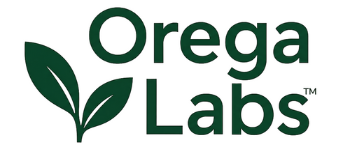 Logo of Orega Labs with green text and leaves on a white background