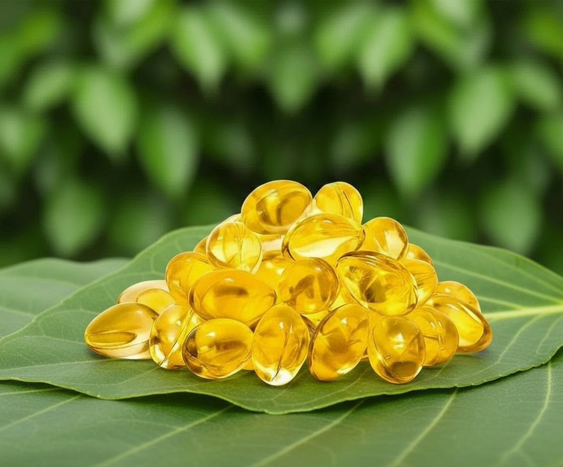 Yellow gel capsules on a white background