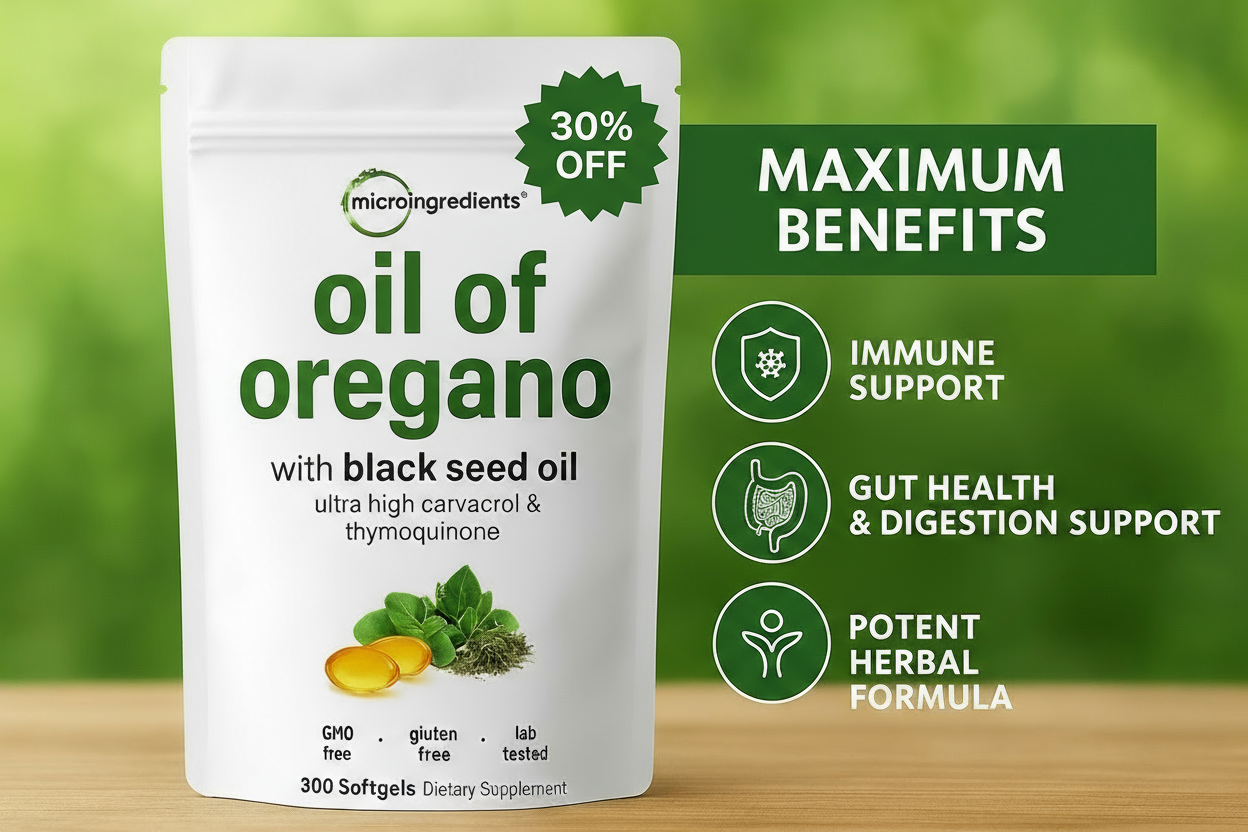 Supplement package labeled 'oil of oregano' with health benefits on a green background