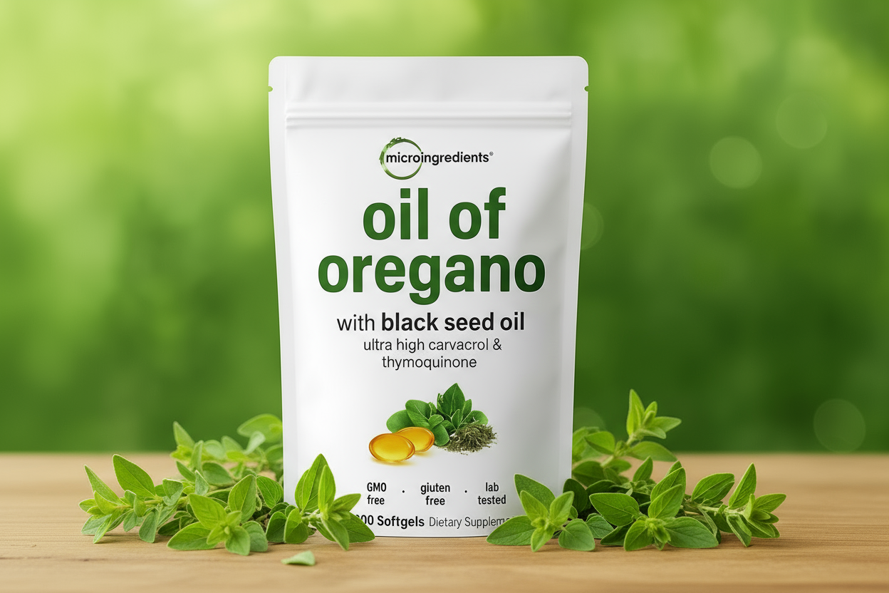 Supplement package labeled 'oil of oregano' with health benefits on a green background